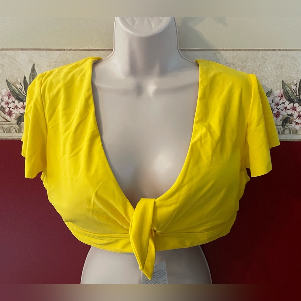 COCOSHIP Bright Yellow Tie-Front Crop Top